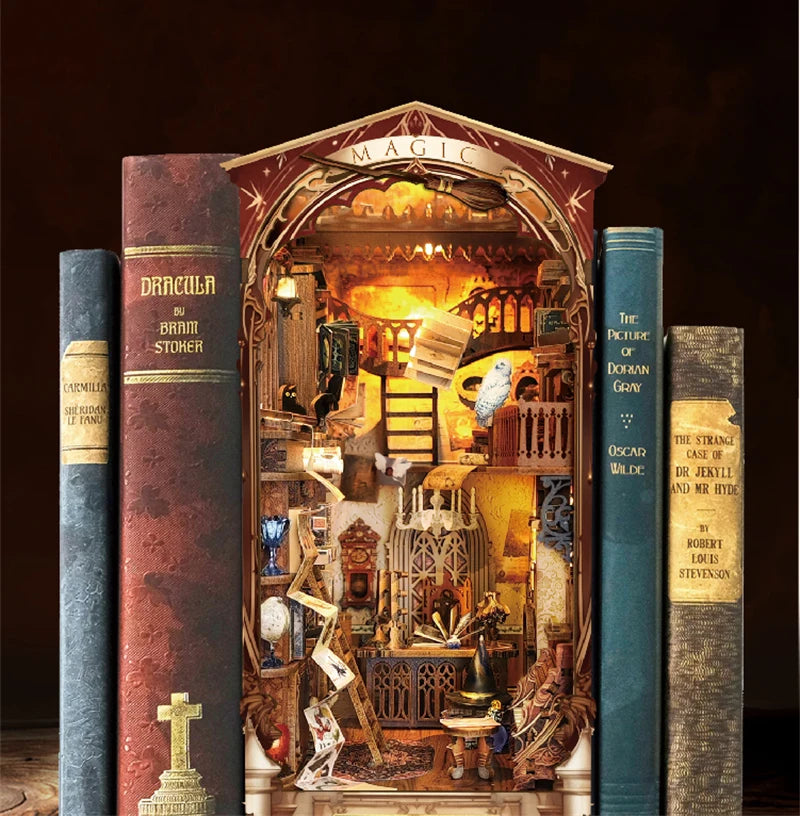 Magic Night Alley DIY Wooden Book Nook Shelf Insert Miniature Building Kits Bookshelf Decor with LED Lights