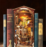 Magic Night Alley DIY Wooden Book Nook Shelf Insert Miniature Building Kits Bookshelf Decor with LED Lights