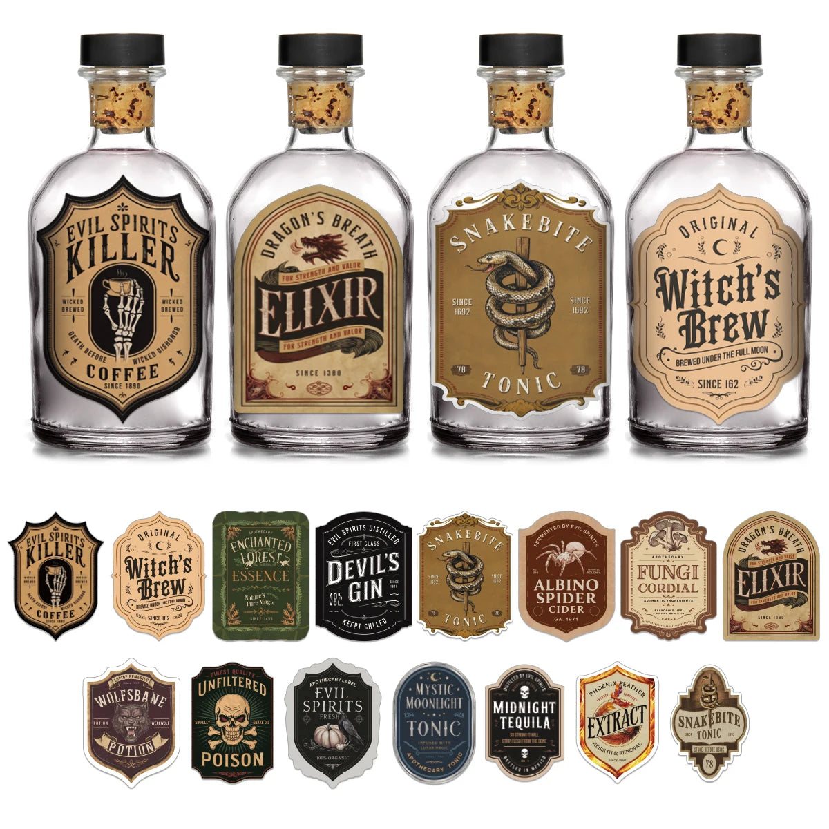 15pcs Vintage Halloween Bottle Label Stickers Apothecary Potion Props