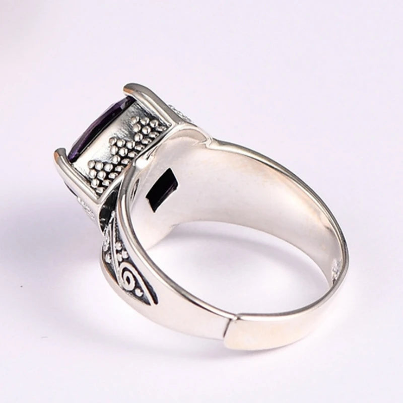 Token of the Wyverns S925 Sterling Silver Ring Ancient Pattern Rhombus Purple Zircon