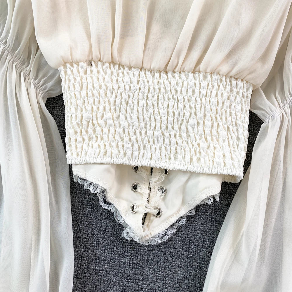 French Court Blouse Chiffon Lace Lace-up Top
