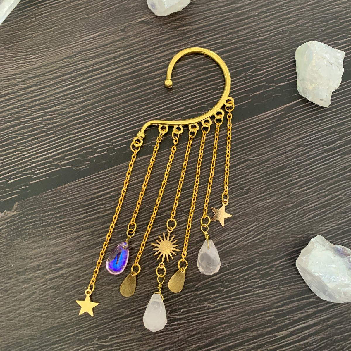Natural Quartz Crystal Charm Ear Cuffs Sun Moon Single Ear Clip