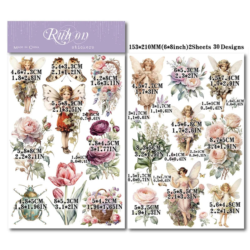 2 Sheet RUB ON Fairy Stickers Junk Journal Craft Transfer Rose Butterfly Stickers DIY Scrapbooking Craft Stickers