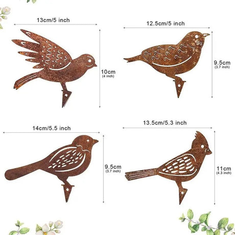 Set of Four Rusty Metal Bird Silhouettes Garden Fence Decor