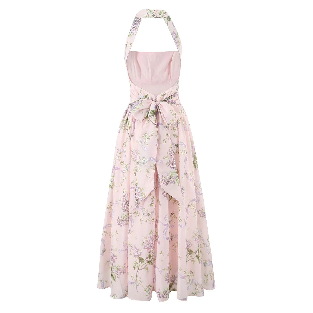 Ceony's Pink Floral Backless Halter Neck Dress