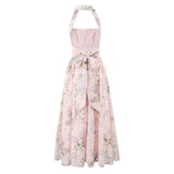 Ceony's Pink Floral Backless Halter Neck Dress