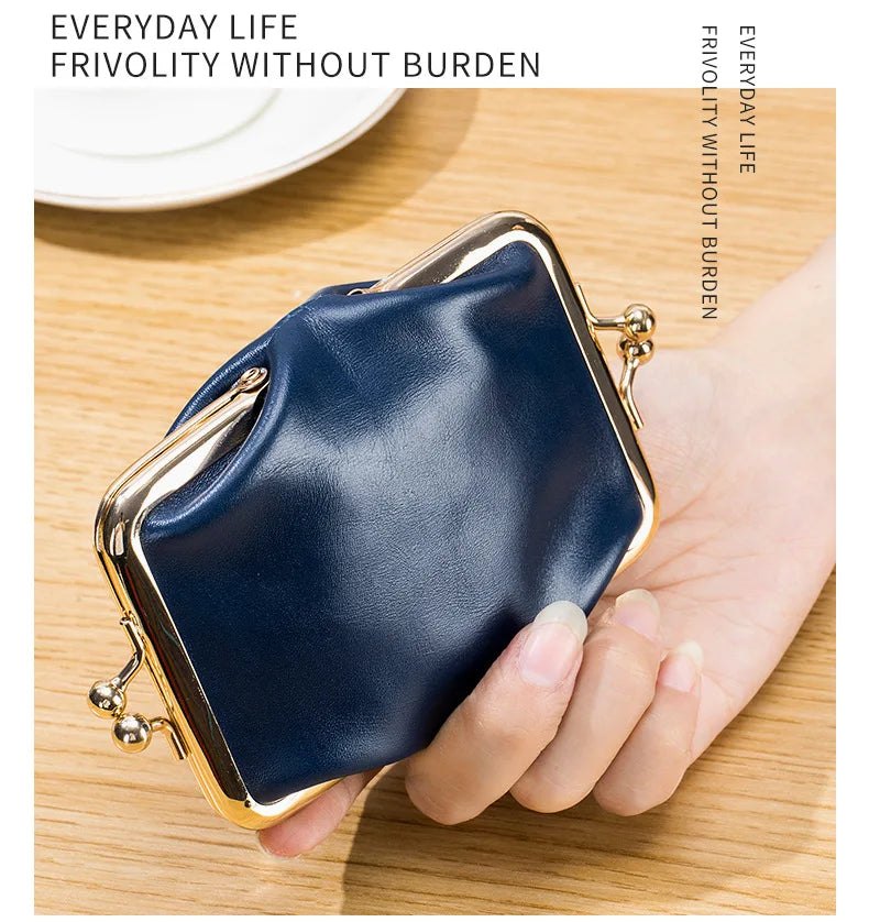 Genuine Leather Double Clamp Coin Purse Small Wallet Bag Pouch