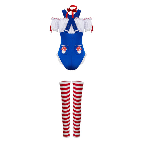 Women Mushroom Costumes Romper Jumpsuit Striped Leg Warmers Hat and Choker Halloween Cosplay Outfit