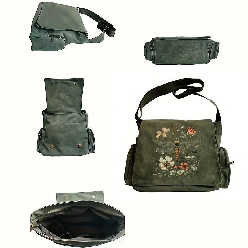 Dragonfly Print Canvas Shoulder Bag Crossbody Messenger Bag