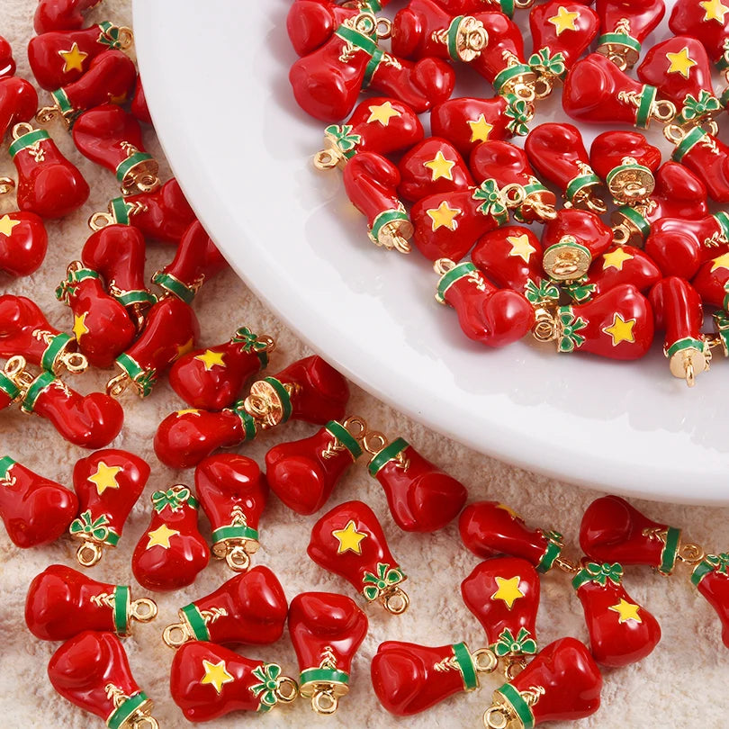 5pcs Christmas Charm Enamel Apple Socks Bell DIY Pendant Charms For Jewelry Making Keychain Earrings Bulk Handmade Material Gift