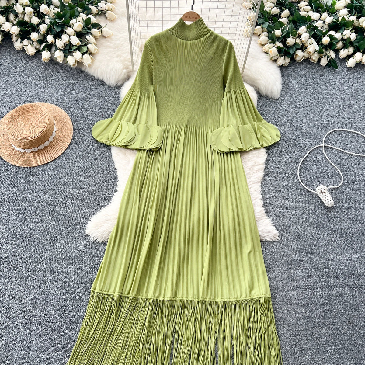 Petal Sleeves Pleated Tassel Dress Eight Colours