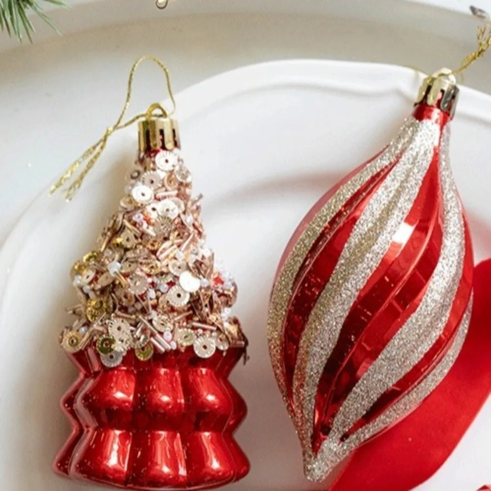 Red Christmas Tree Ornaments Shatterproof Plastic Glitter Little Bear Balls Acorn