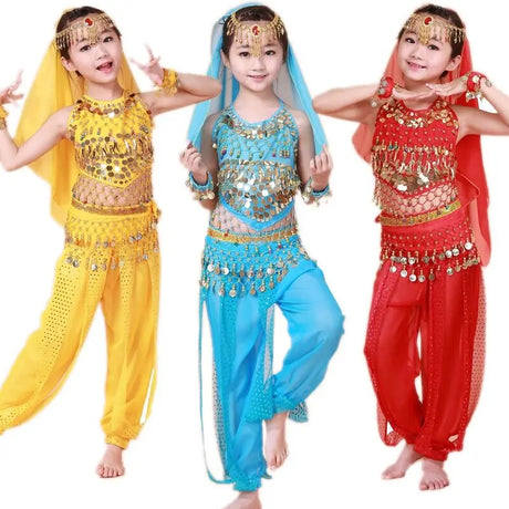 Girl's Stage Performance Chiffon Belly Dance Costume 7pcs Sets Kids Dancing Outfits