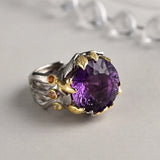 The Weaver's Treasures S925 Sterling Silver Rings Golden Leaves Natural Amethyst Tourmaline