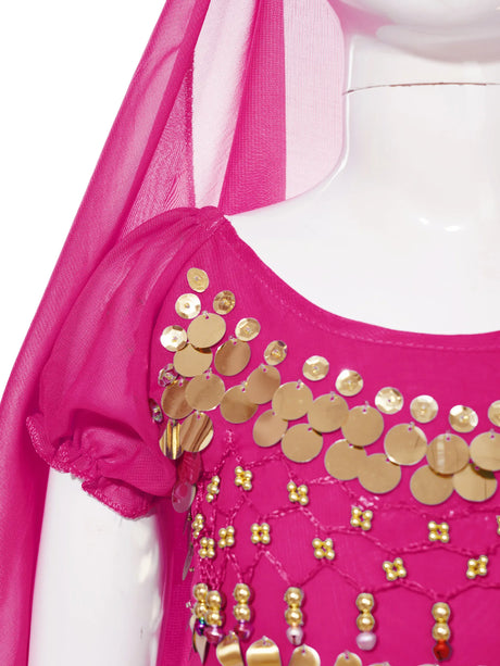 Girls Belly Dance Performance Outfit 4pcs Stage Costume Puff Sleeve Crop Top Ruffled Pants Hip Scarf Headscarf