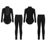 Boys Dance Leotard Ice Skating Gymnastic Long Sleeve Rhinestones Bodysuit with Leggings
