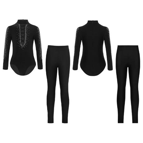 Boys Dance Leotard Ice Skating Gymnastic Long Sleeve Rhinestones Bodysuit with Leggings
