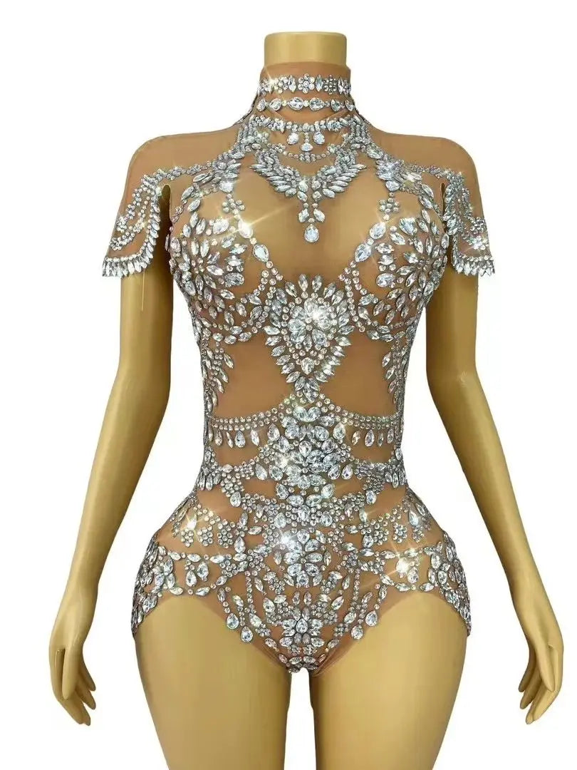Sparkly Rhinestones Bodysuit Transparent Mesh Performance Dance Costume Stage Wear