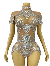 Sparkly Rhinestones Bodysuit Transparent Mesh Performance Dance Costume Stage Wear