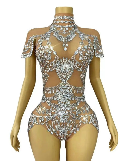 Sparkly Rhinestones Bodysuit Transparent Mesh Performance Dance Costume Stage Wear