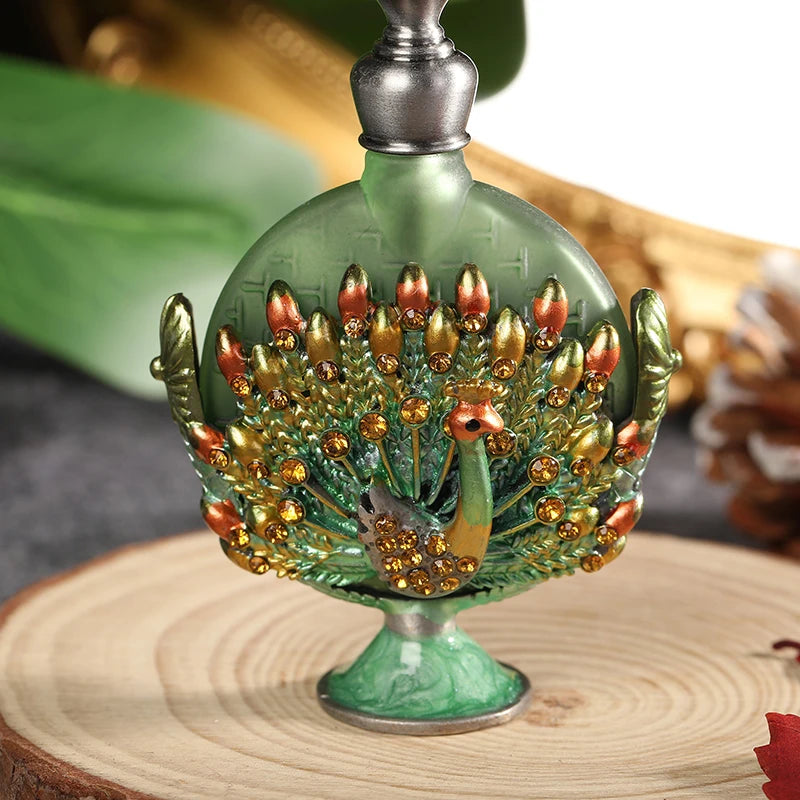 7ml Peacock Refillable Empty Perfume Bottle Metal Enamel Emerald Green Glass Cap Dripper