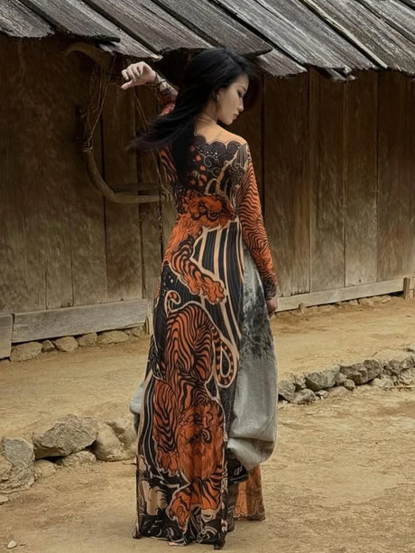 Tiger Print Mesh Dress Long Top Waist High Splits High Elasticity
