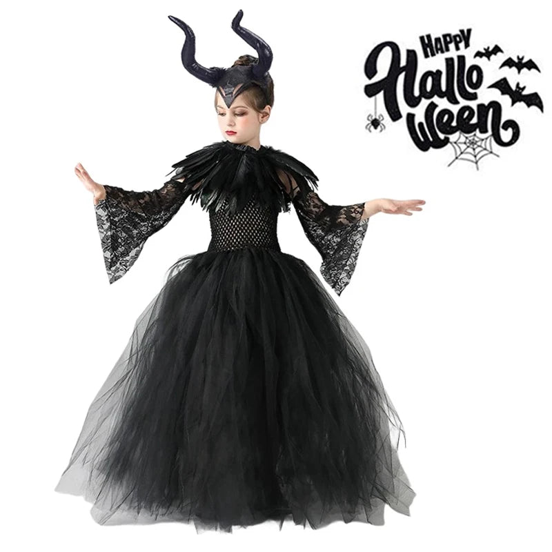 Girls Maleficent Black Tutu Halloween Costume with Feather Shawl