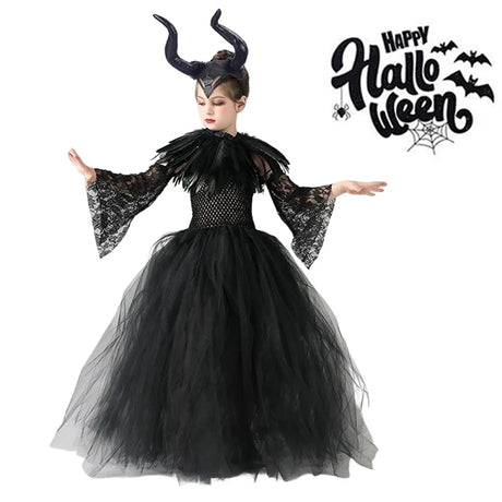 Girls Maleficent Black Tutu Halloween Costume with Feather Shawl