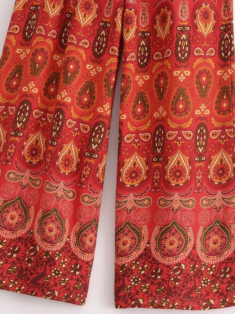 Nuri's Boho Red Floral Print Wide Leg Pants