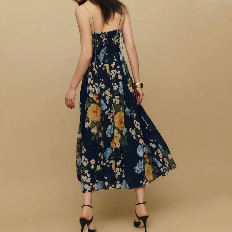 Sharona's Navy Blue Floral Print Spaghetti Strap Dress