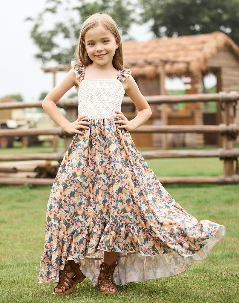 Girls Floral Bow Ruffle Edge Photoshoot Worthy Maxi Dress for 4-12 Years