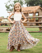 Girls Floral Bow Ruffle Edge Photoshoot Worthy Maxi Dress for 4-12 Years