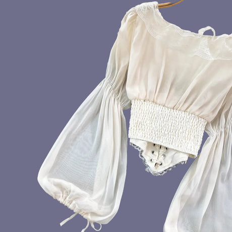 French Court Blouse Chiffon Lace Lace-up Top