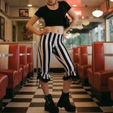 Women’s Black White Striped Capri Pants Slim Fit Bell Bottom Leggings Performance Wear Halloween Costumes
