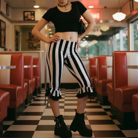 Women’s Black White Striped Capri Pants Slim Fit Bell Bottom Leggings Performance Wear Halloween Costumes