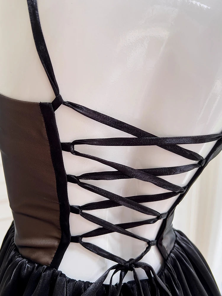 Justine's French Black Lace Sling Spliced Ruffles Bandage Backless Dress