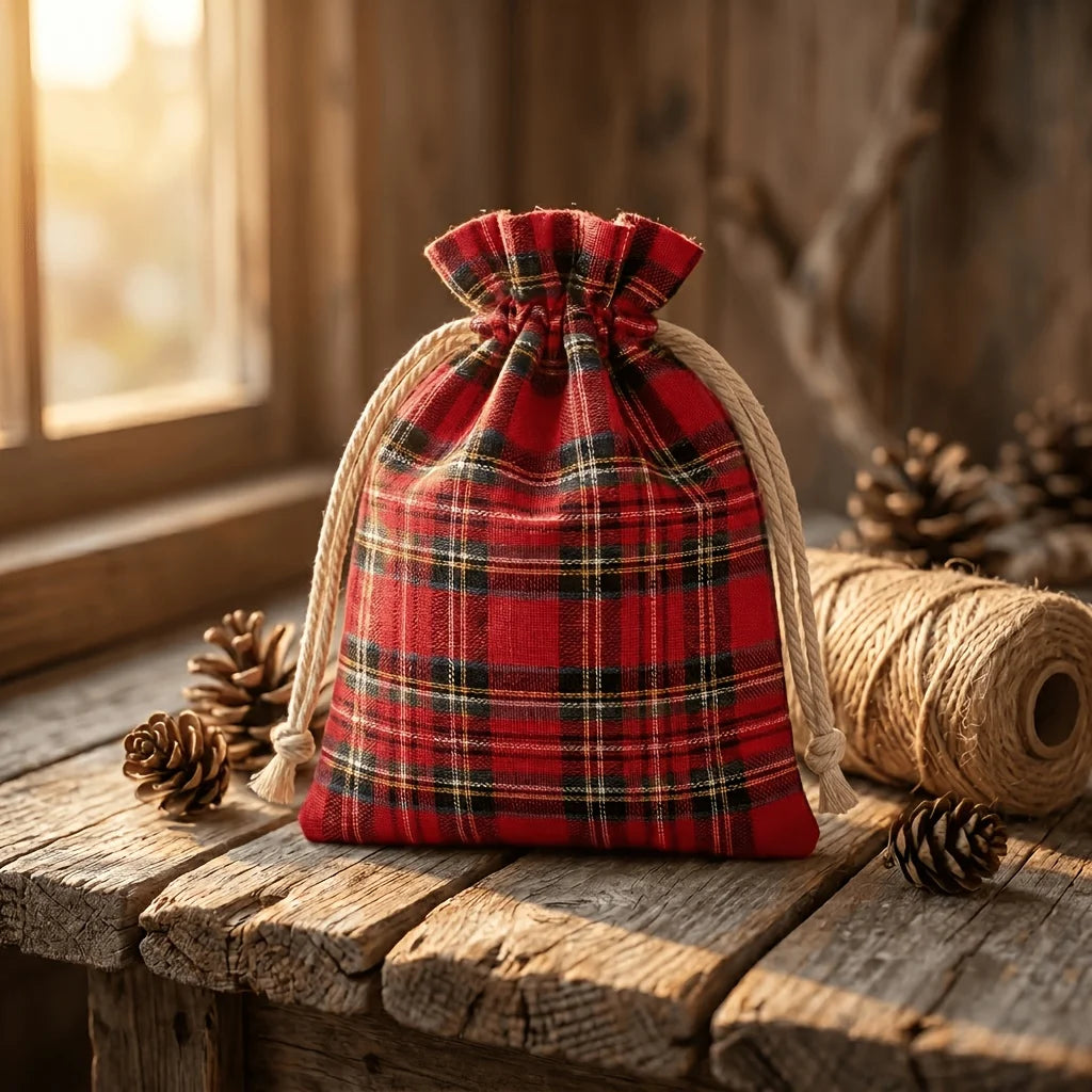 10PCS Linen Christmas Plaid Drawstring Bags Gift Pouches