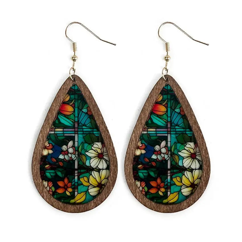 Stained Glass Window Earrings Wood Acrylic Bright Colourful