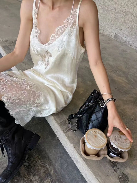 90s Lace Slip Dresses Vintage Silky Deep V-neck Dainty Punk Rock Grunge