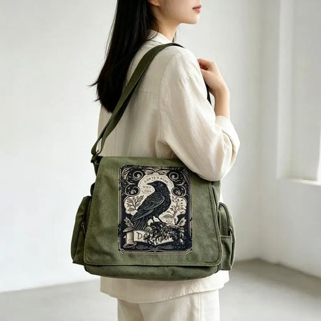 Raven Print Canvas Shoulder Bag Crossbody Messenger Bag