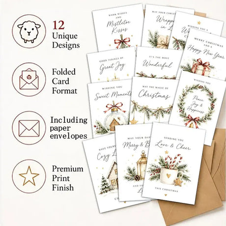 Pack of 12 Christmas Greeting Cards Twelve Different Watercolour Rustic Designs
