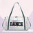 Holographic handbag with 'DANCE' text on a light purple background