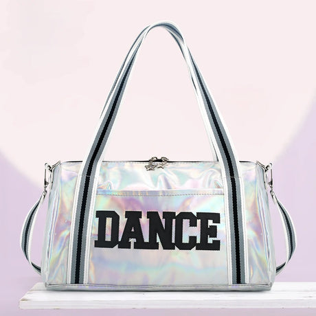 Holographic handbag with 'DANCE' text on a light purple background