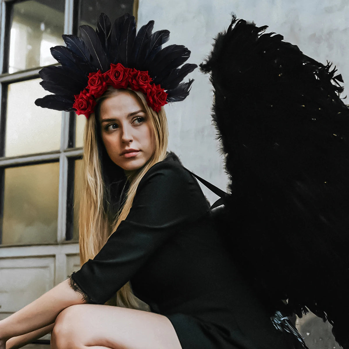 Carnival Showgirl Feather Rose Halo Headpiece Hairband Costume Headdress