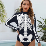 Skeleton Printed Long Sleeve Swimwear One-piece Surfing Swimsuit