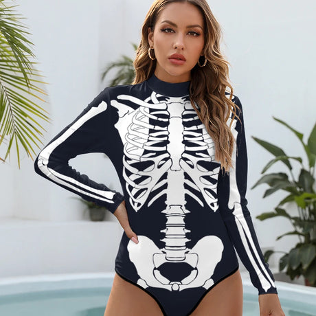 Skeleton Printed Long Sleeve Swimwear One-piece Surfing Swimsuit