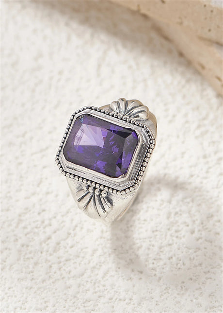 Maga's Portal Key S925 Sterling Silver Diamond Ring Square Natural Amethyst
