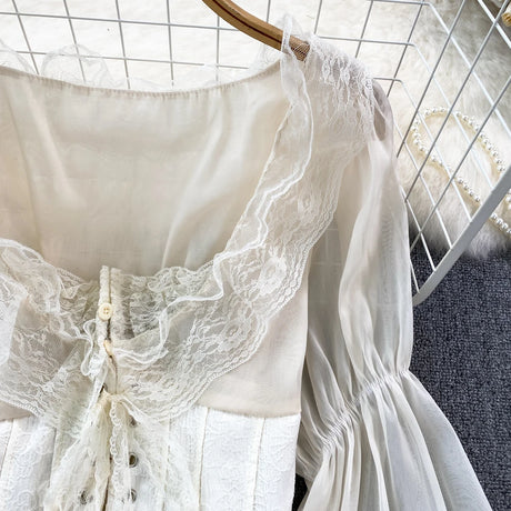 French Court Blouse Chiffon Lace Lace-up Top