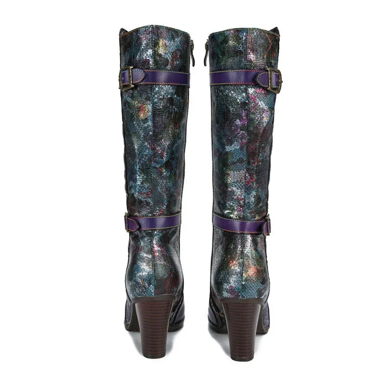 Purple Embossed Dragonfly Genuine Leather Long Boots