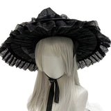 Gothic Witch's Hat Black Ruffled Lace Rose Bow Ribbon Halloween Party Cosplay Costume Props Decor